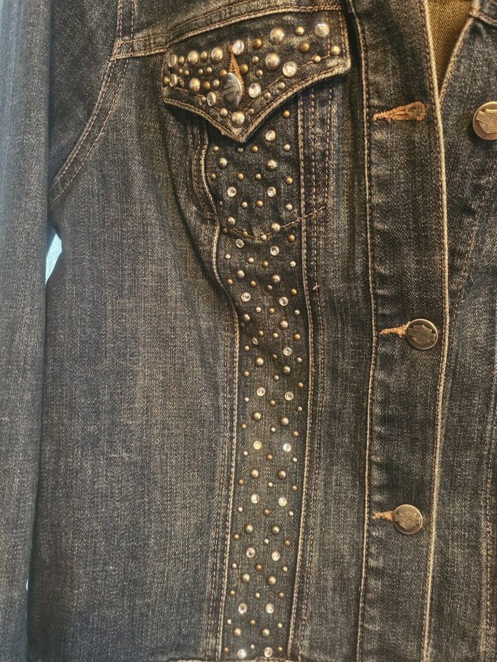 Harley Davidson Womens M Rhinestone Studded Denim Jacket Bling Wings - Picture 3 of 12